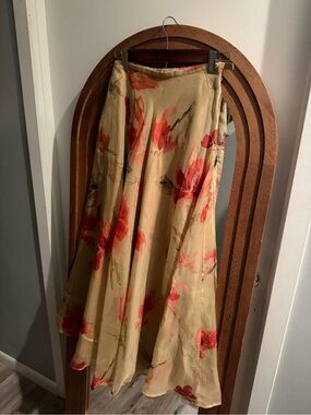 100% Silk Dana Buchman Beige Maxi Skirt with Coral Floral Print